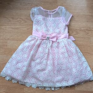 Rare Editions Pink and White Lace Dress with Bow
